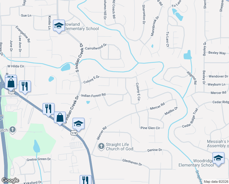map of restaurants, bars, coffee shops, grocery stores, and more near 1410 Bronze Leaf Court in Stone Mountain