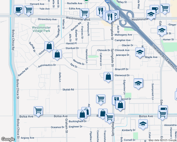 map of restaurants, bars, coffee shops, grocery stores, and more near 5731 Spa Drive in Huntington Beach