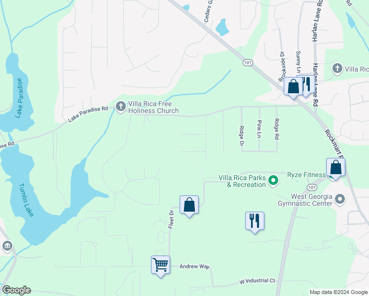 map of restaurants, bars, coffee shops, grocery stores, and more near 1511 Evelyn Drive in Villa Rica