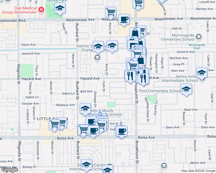 map of restaurants, bars, coffee shops, grocery stores, and more near 14571 Wakefield Street in Westminster