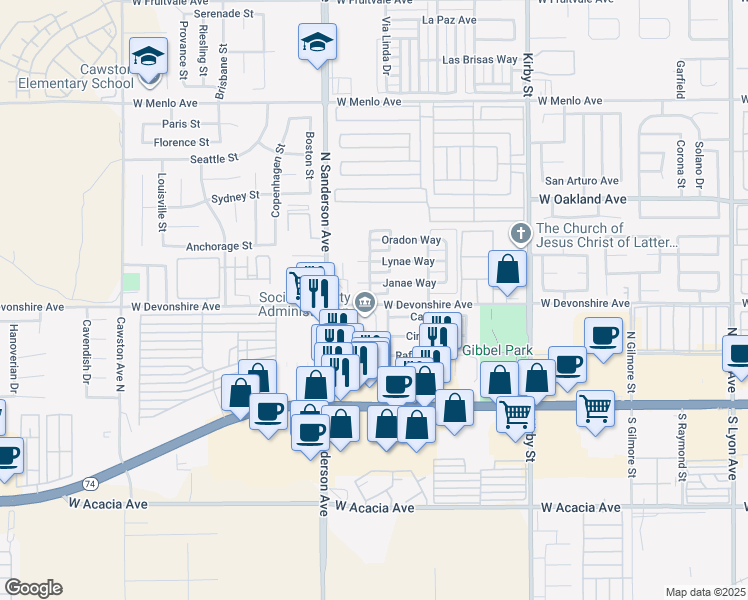 map of restaurants, bars, coffee shops, grocery stores, and more near 3122 West Devonshire Avenue in Hemet