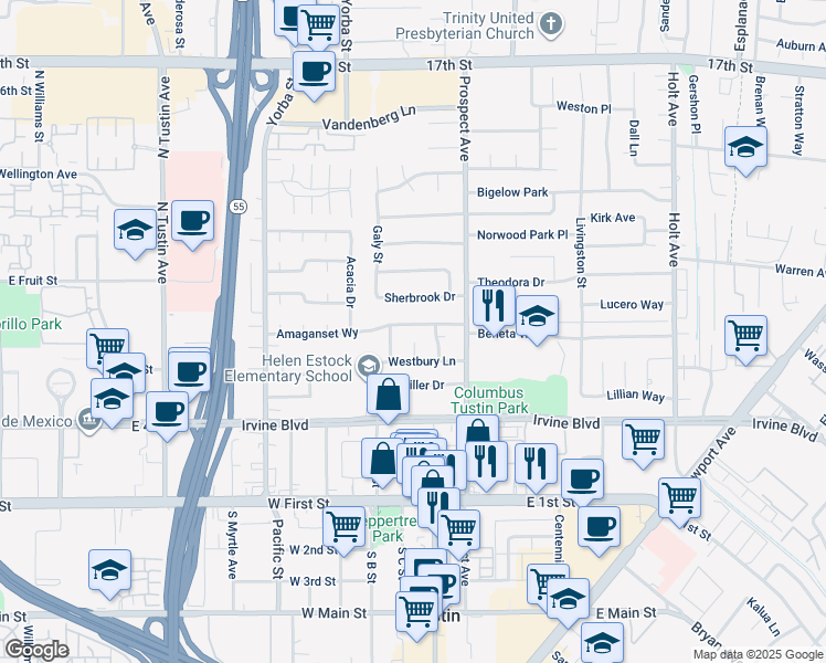 map of restaurants, bars, coffee shops, grocery stores, and more near 17612 Amaganset Way in Tustin