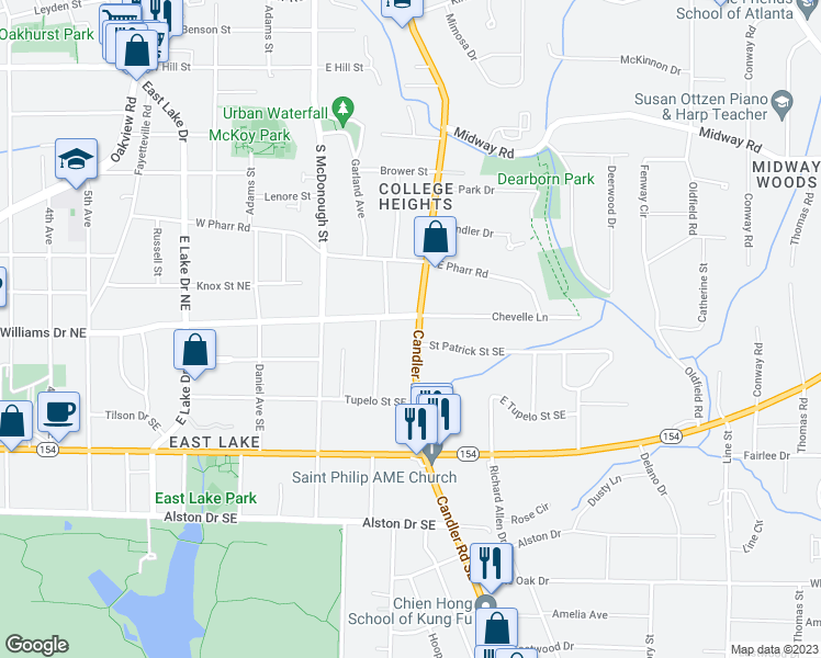 map of restaurants, bars, coffee shops, grocery stores, and more near 25 Candler Road Southeast in Atlanta