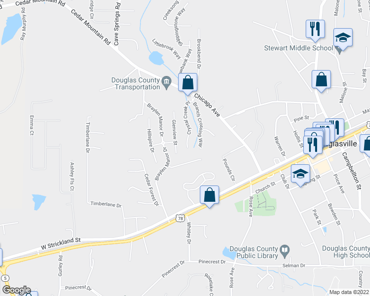 map of restaurants, bars, coffee shops, grocery stores, and more near 7161 Crystal Creek Place in Douglasville