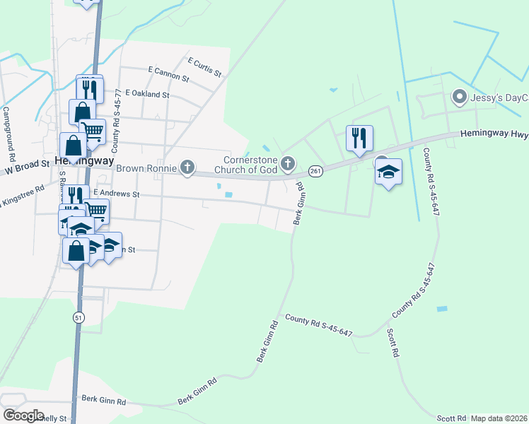 map of restaurants, bars, coffee shops, grocery stores, and more near 429 East Andrews Street in Hemingway