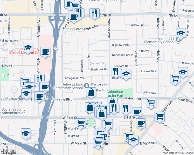 map of restaurants, bars, coffee shops, grocery stores, and more near 17612 Amaganset Way in Tustin