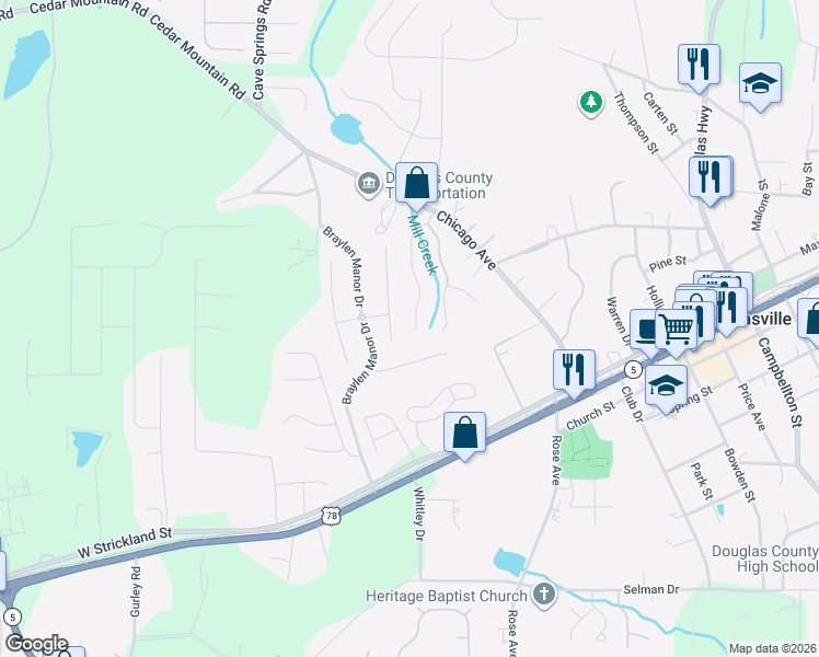 map of restaurants, bars, coffee shops, grocery stores, and more near 7161 Crystal Creek Place in Douglasville
