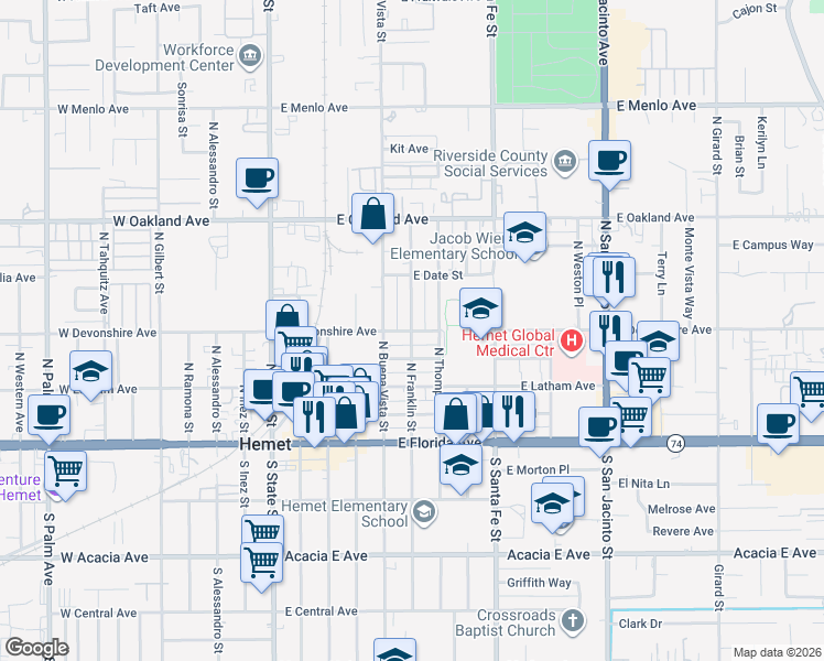 map of restaurants, bars, coffee shops, grocery stores, and more near North Franklin Street in Hemet
