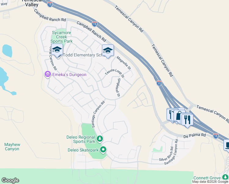 map of restaurants, bars, coffee shops, grocery stores, and more near 25361 Singleleaf Street in Corona