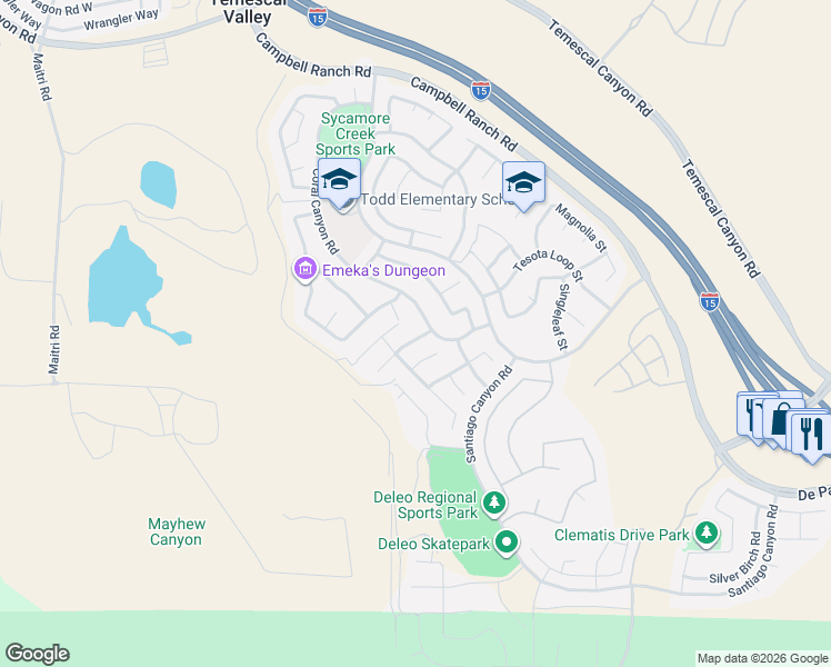 map of restaurants, bars, coffee shops, grocery stores, and more near 25292 Coral Canyon Road in Corona