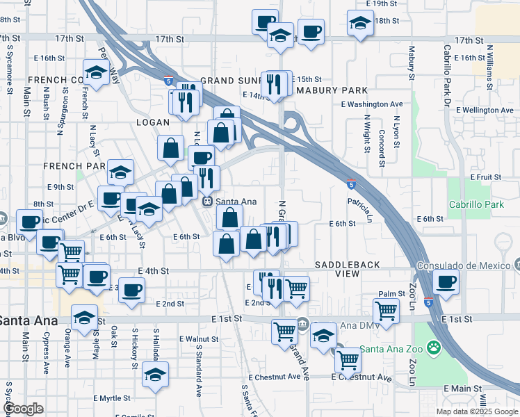 map of restaurants, bars, coffee shops, grocery stores, and more near 1160 East Fruit Street in Santa Ana