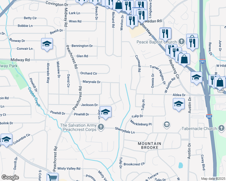map of restaurants, bars, coffee shops, grocery stores, and more near 1421 Cobb Branch Drive in Decatur