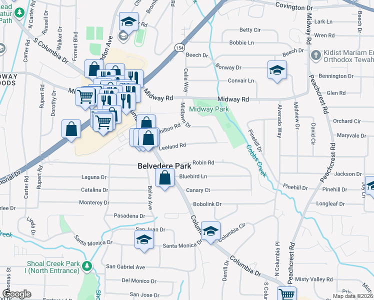 map of restaurants, bars, coffee shops, grocery stores, and more near 3114 Leeland Road in Decatur