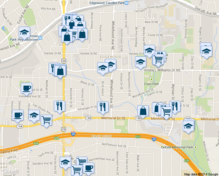 map of restaurants, bars, coffee shops, grocery stores, and more near 77 Whitefoord Avenue Southeast in Atlanta