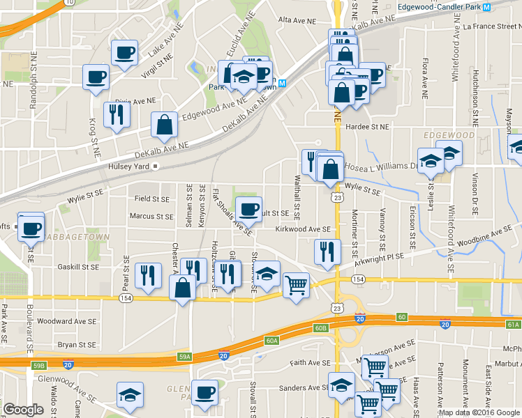 map of restaurants, bars, coffee shops, grocery stores, and more near 1012 Manigault Street Southeast in Atlanta
