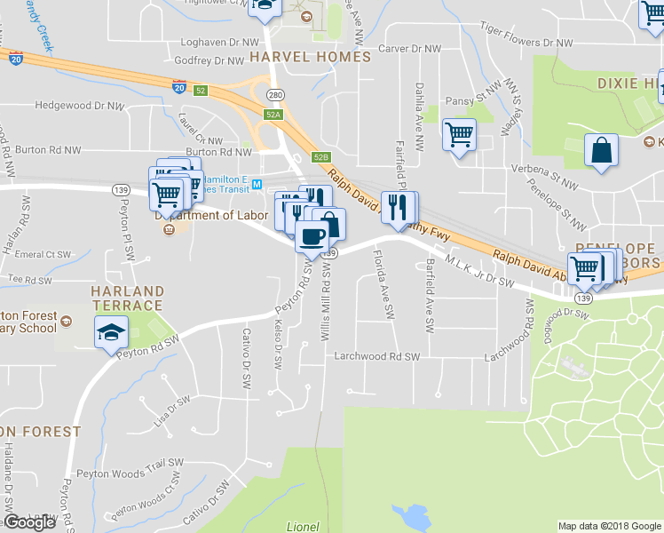 map of restaurants, bars, coffee shops, grocery stores, and more near 64 Willis Mill Road Southwest in Atlanta