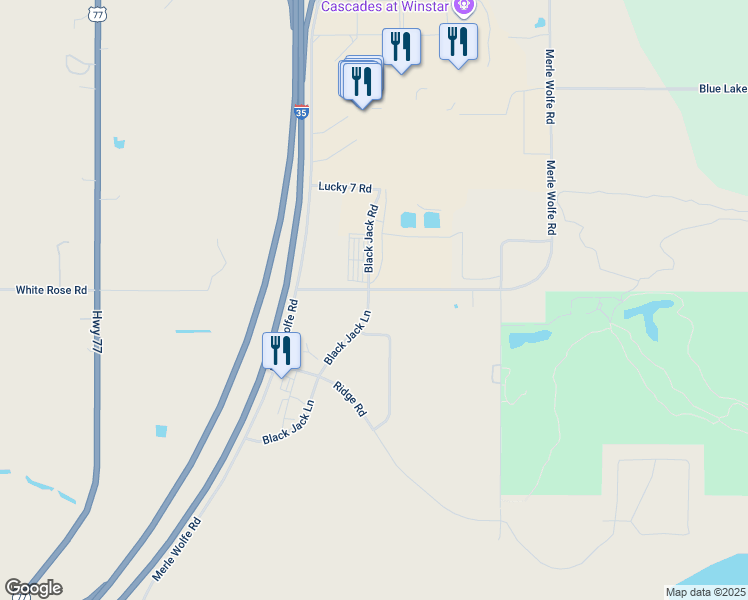 map of restaurants, bars, coffee shops, grocery stores, and more near 11255 Vegas Road in Thackerville