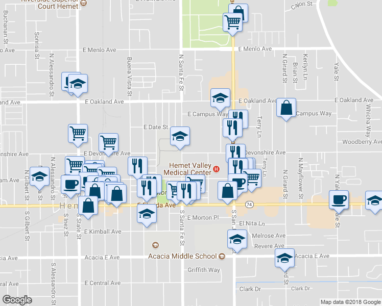 map of restaurants, bars, coffee shops, grocery stores, and more near 917 East Devonshire Avenue in Hemet