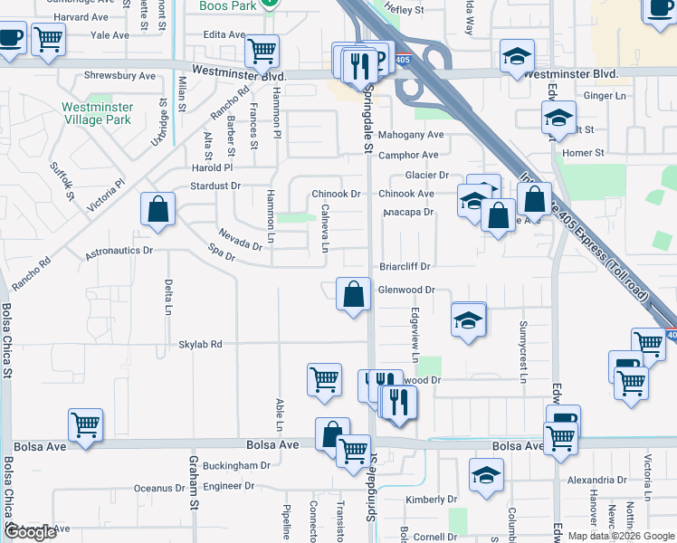 map of restaurants, bars, coffee shops, grocery stores, and more near 5896 Nugget Circle in Huntington Beach