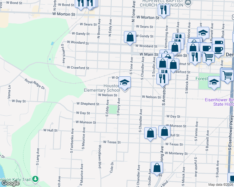 map of restaurants, bars, coffee shops, grocery stores, and more near 1201 West Nelson Street in Denison