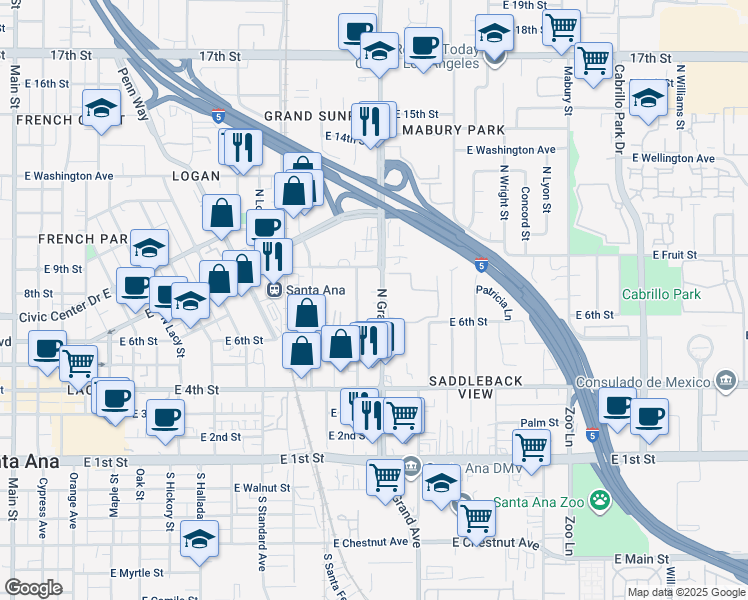 map of restaurants, bars, coffee shops, grocery stores, and more near 706 North Grand Avenue in Santa Ana