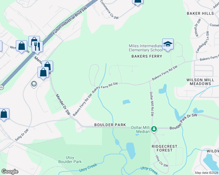 map of restaurants, bars, coffee shops, grocery stores, and more near 4480 Bakers Ferry Rd SW in Atlanta