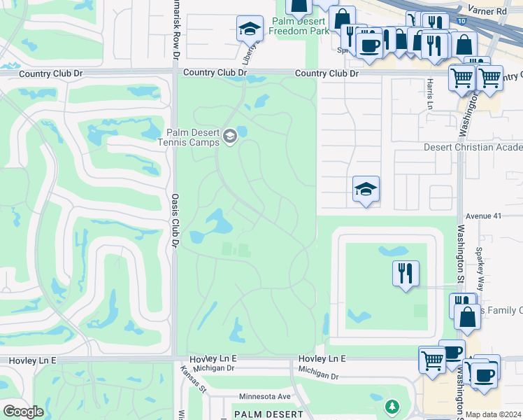 map of restaurants, bars, coffee shops, grocery stores, and more near 40985 La Costa Circle West in Palm Desert