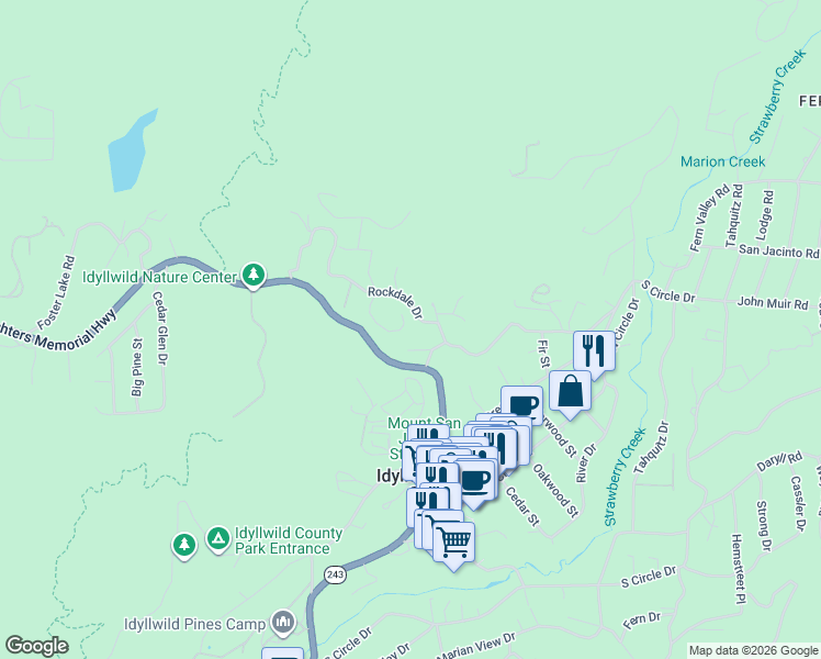 map of restaurants, bars, coffee shops, grocery stores, and more near 25460 Fernleaf Drive in Idyllwild-Pine Cove