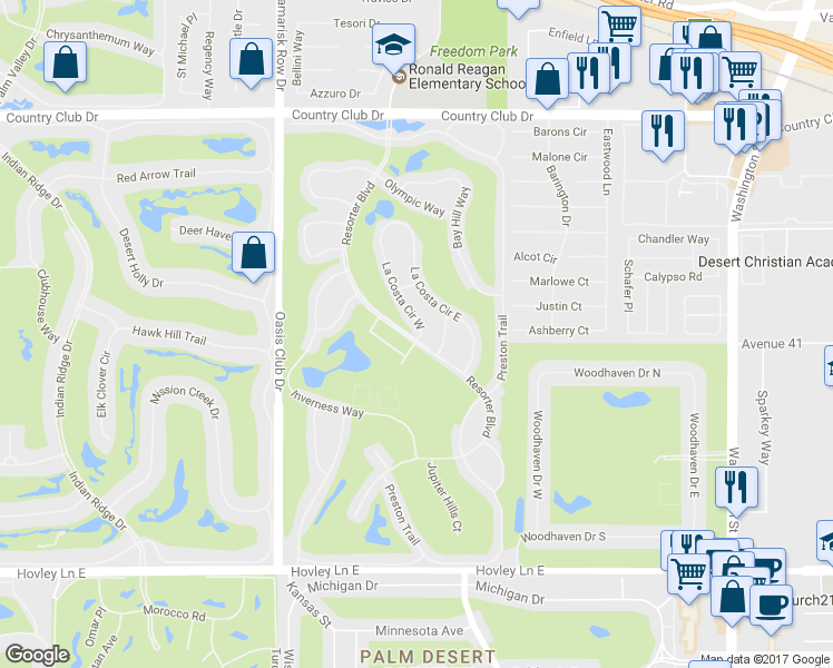 map of restaurants, bars, coffee shops, grocery stores, and more near 40985 La Costa Circle West in Palm Desert