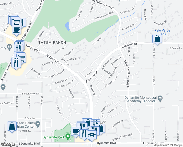 map of restaurants, bars, coffee shops, grocery stores, and more near 4829 East Baker Drive in Cave Creek