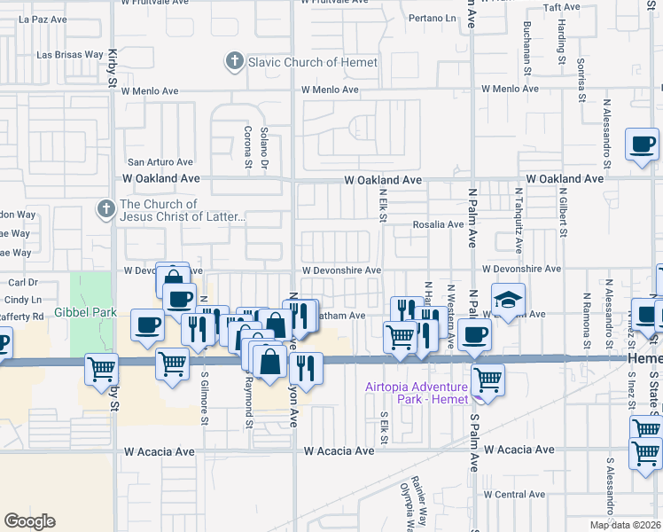map of restaurants, bars, coffee shops, grocery stores, and more near 332 North Lyon Avenue in Hemet