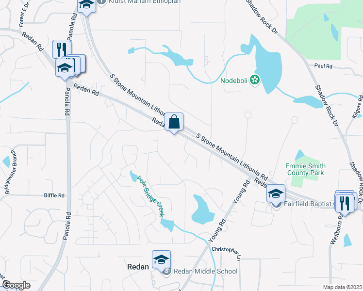 map of restaurants, bars, coffee shops, grocery stores, and more near 1405 Bentley Woods Trail in Lithonia