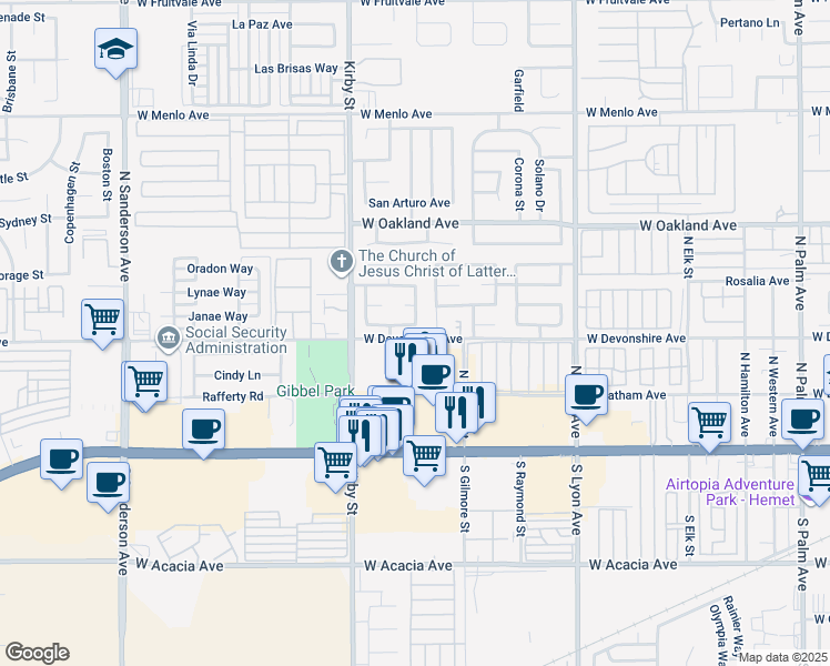 map of restaurants, bars, coffee shops, grocery stores, and more near 2233 Chanaral Avenue in Hemet