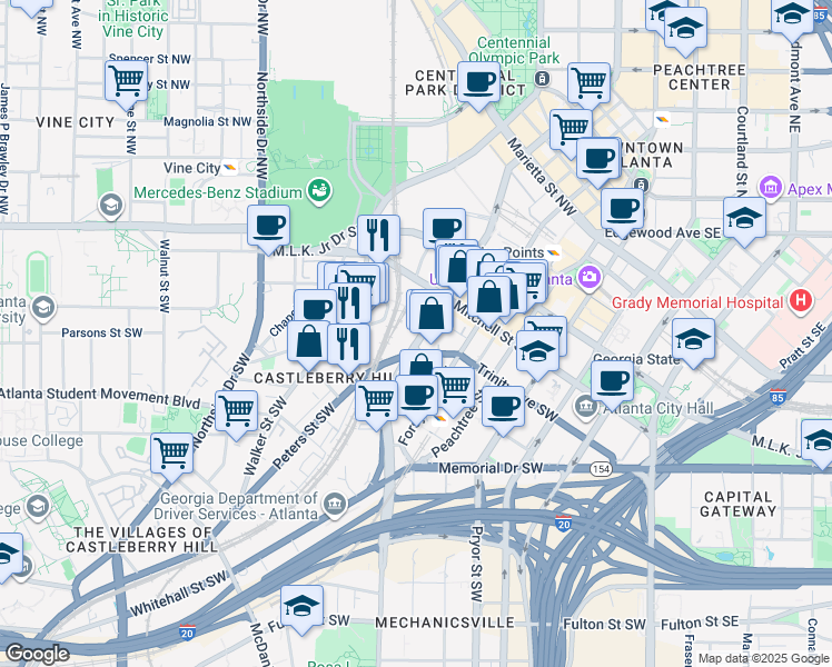 map of restaurants, bars, coffee shops, grocery stores, and more near 125 Ted Turner Drive Southwest in Atlanta