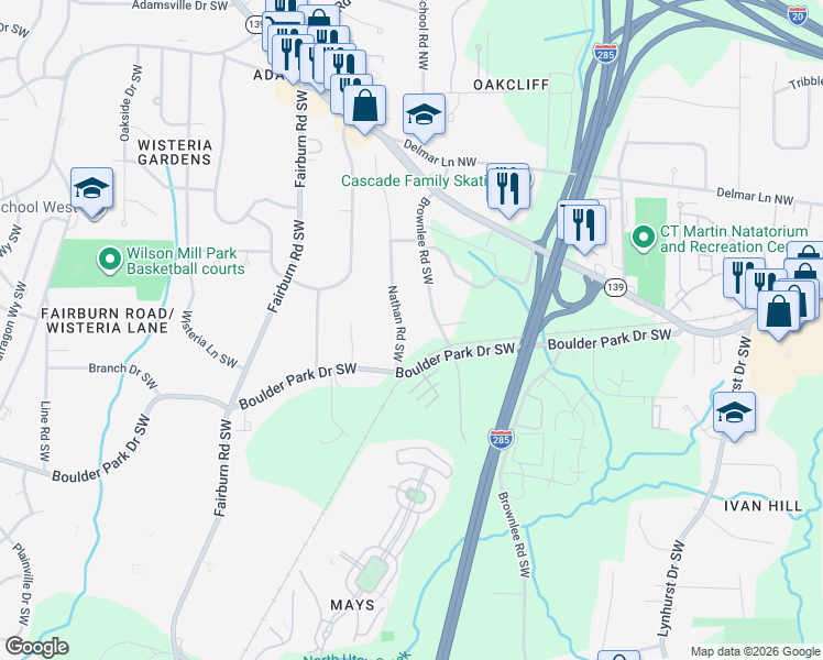 map of restaurants, bars, coffee shops, grocery stores, and more near 192 Nathan Road Southwest in Atlanta