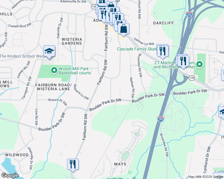 map of restaurants, bars, coffee shops, grocery stores, and more near 263 Boulder Park Lane Southwest in Atlanta