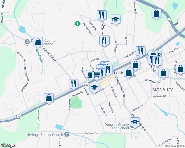 map of restaurants, bars, coffee shops, grocery stores, and more near 8383 Hollis Street in Douglasville