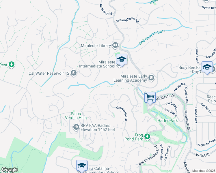map of restaurants, bars, coffee shops, grocery stores, and more near Miraleste Canyon Trail in Rancho Palos Verdes