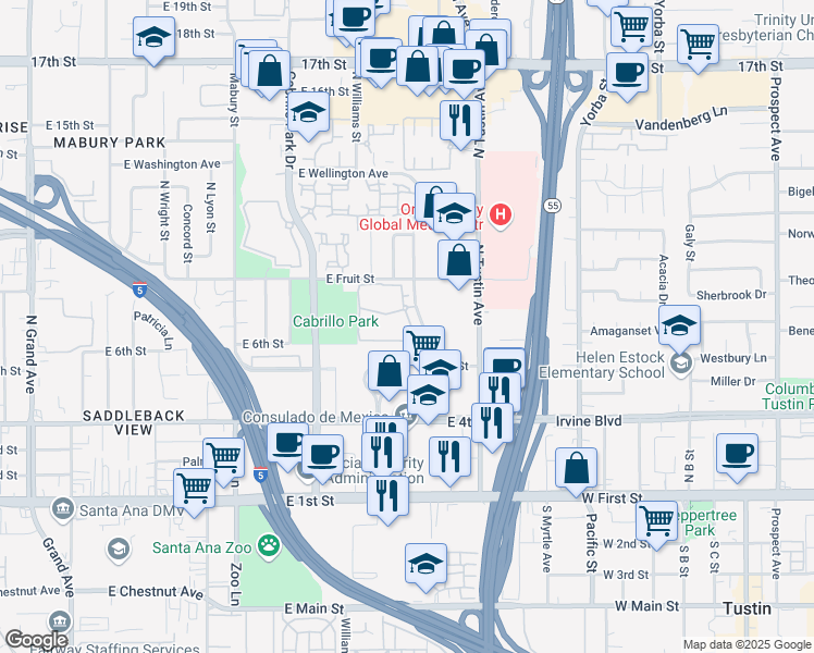 map of restaurants, bars, coffee shops, grocery stores, and more near 704 North Parkcenter Drive in Santa Ana