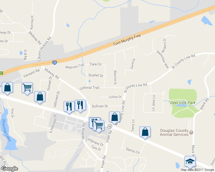 map of restaurants, bars, coffee shops, grocery stores, and more near 1992 Tara Circle in Douglasville