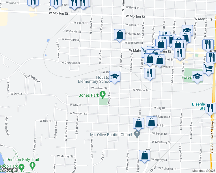 map of restaurants, bars, coffee shops, grocery stores, and more near 1201 West Nelson Street in Denison
