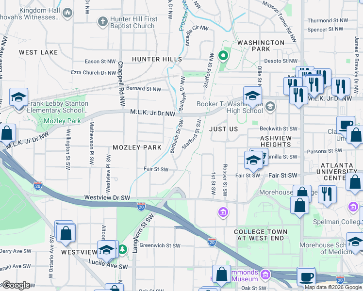 map of restaurants, bars, coffee shops, grocery stores, and more near 130 Stafford Street Southwest in Atlanta