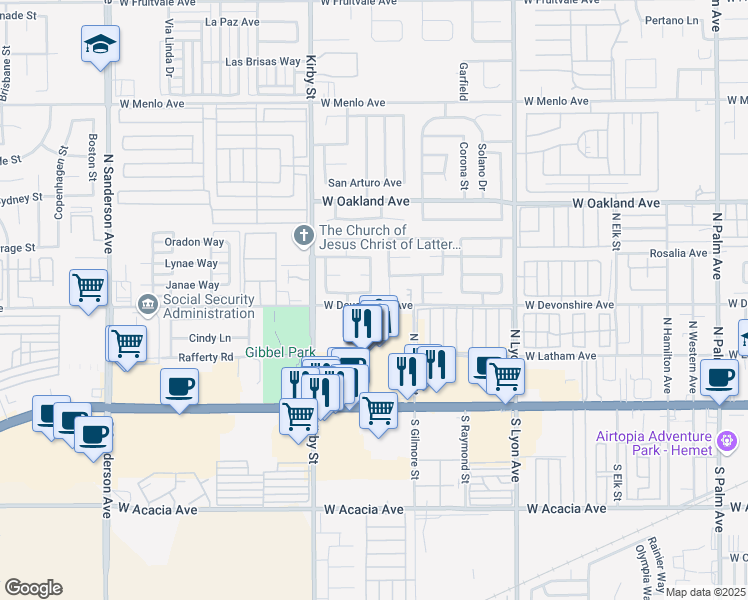 map of restaurants, bars, coffee shops, grocery stores, and more near 304 Callao Street in Hemet