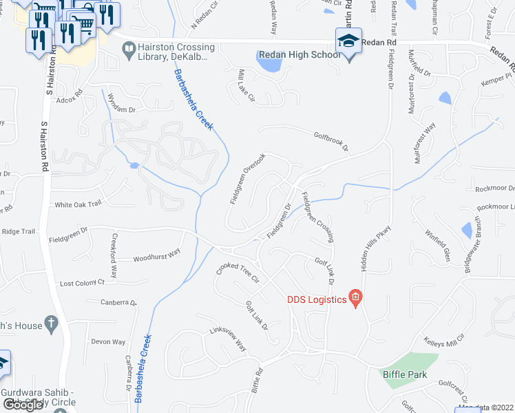 map of restaurants, bars, coffee shops, grocery stores, and more near 5015 Fieldgreen Crossing in Stone Mountain