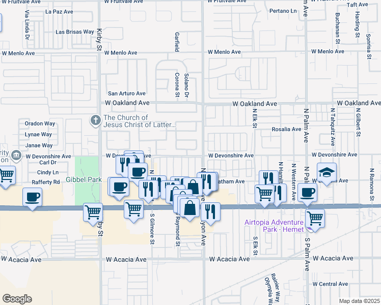 map of restaurants, bars, coffee shops, grocery stores, and more near 1871 Calle Pasito in Hemet