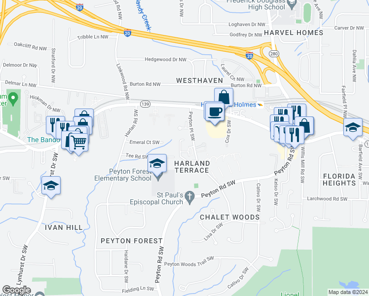 map of restaurants, bars, coffee shops, grocery stores, and more near 123 Peyton Place Southwest in Atlanta