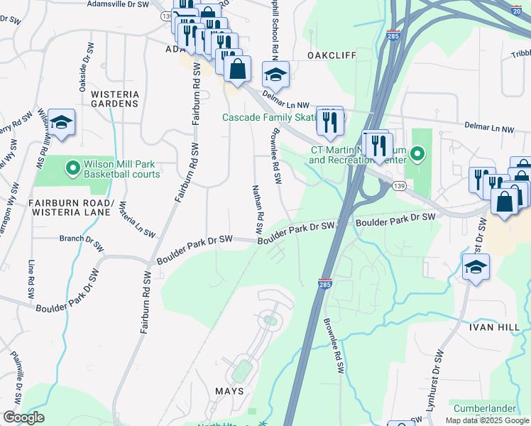 map of restaurants, bars, coffee shops, grocery stores, and more near 192 Nathan Road Southwest in Atlanta