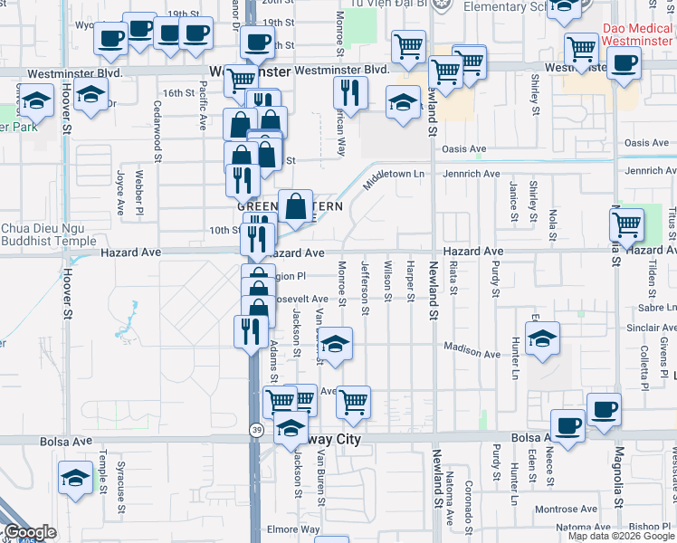 map of restaurants, bars, coffee shops, grocery stores, and more near 14541 Monroe Street in Midway City