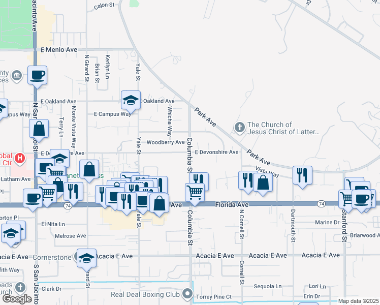 map of restaurants, bars, coffee shops, grocery stores, and more near 2486 East Devonshire Avenue in Hemet