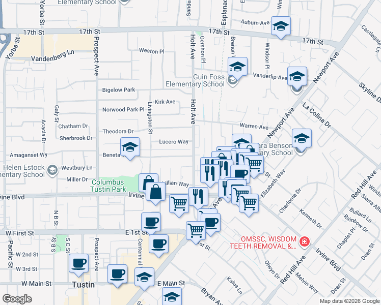 map of restaurants, bars, coffee shops, grocery stores, and more near 14621 Holt Ave in Tustin